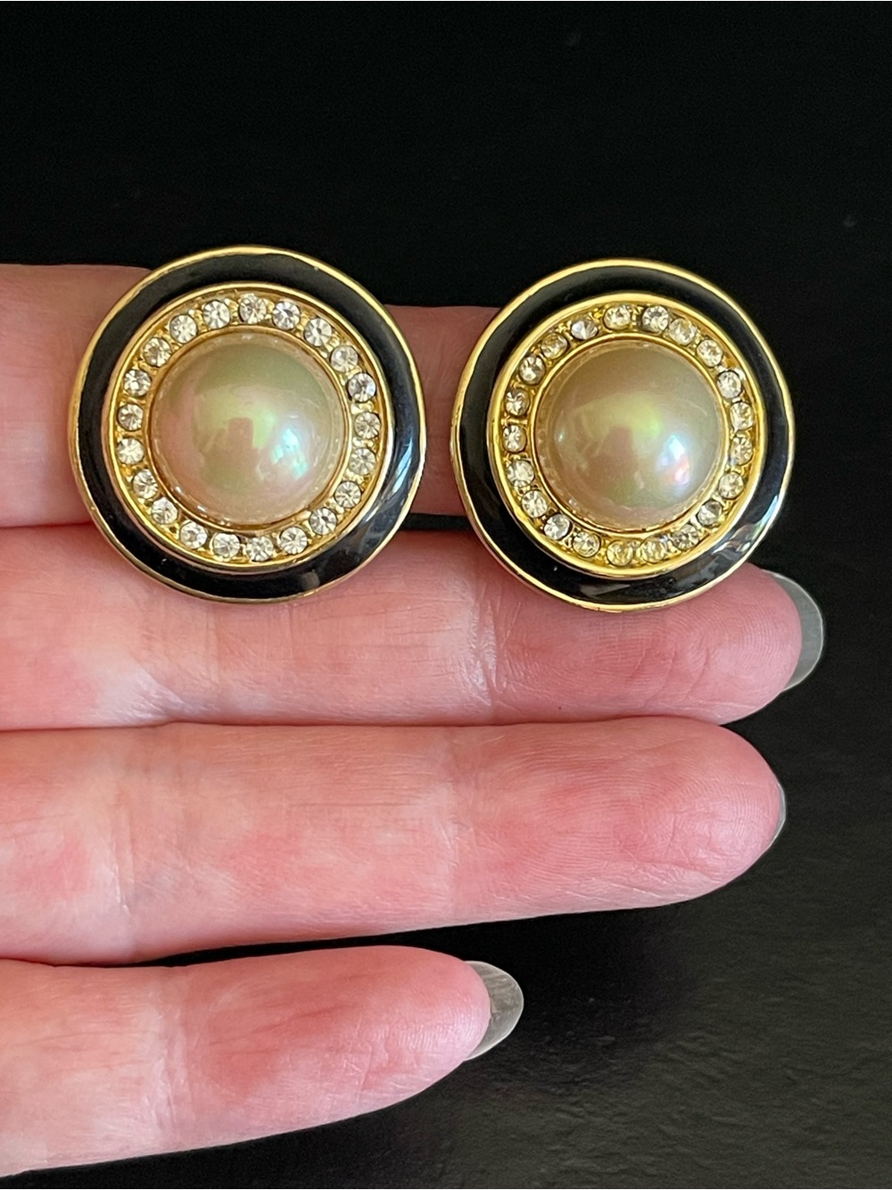 Vintage Gold-Tone Black Enamel faux Pearl Statement Clip on Earrings